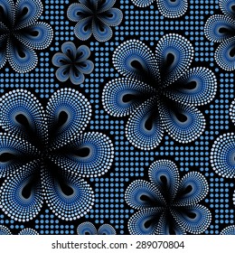 Seamless pattern with blue tiare flower. Dots, doted pattern. Monoi flower. Black background.