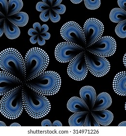 Seamless pattern with blue tiare flower. Dots, doted pattern. Monoi flower.
