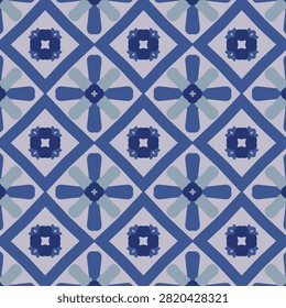 Seamless Pattern With Blue Tiles,Blue Geometric Diamond Pattern, Symmetrical Decorative Tile‑Style Floral Motif for Modern Graphic and Textile Design.