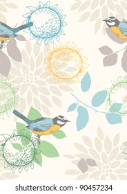 Seamless pattern with blue tomtits and flowers