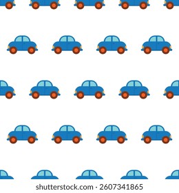Seamless Pattern with Blue Toy Car. Repeating pattern of blue cute cars, perfect for kids’ products, textiles, backgrounds