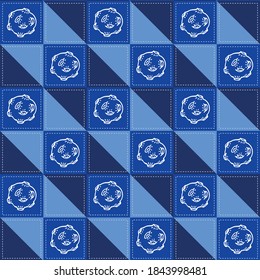 Seamless pattern with blue triangles and white moon