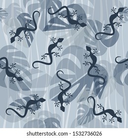 Seamless pattern. Blue tropical leaves and lizards on light blue backround. Vector graphic illustration.