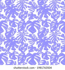 Seamless pattern with blue tropical leaves on white background. Monstera leaves silhouette pattern.