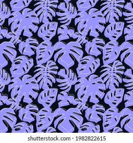 Seamless pattern with blue tropical leaves on black background. Monstera leaves silhouette pattern.