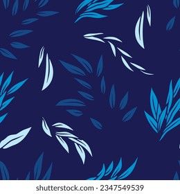 Patrón sin foco con hojas tropicales azules. Papel mural botánico moderno
