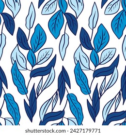 Seamless pattern with blue tropical leaves on white background. Line art botanical wallpaper