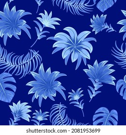 Seamless pattern with blue tropical palm leaves and flowers on dark blue background.  Floral decorative illustration vector, for print design