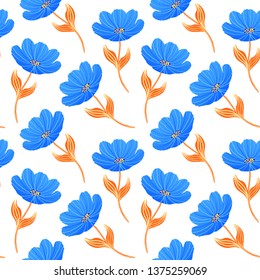 Seamless pattern with blue tulips on white background.