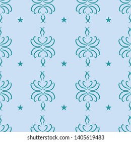 Seamless Pattern Blue with Turquoise Curling Shapes & Stars