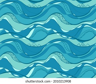 Seamless pattern with blue and turquoise waves with tribal pattern. Water surface. Vector texture of the ocean and rivers. Wallpaper with a sea ornament. Summer beach fabric with boho decoration