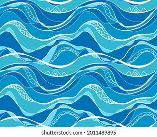 Seamless pattern with blue and turquoise waves with white tribal pattern. Water surface. Vector texture of the ocean and rivers. Wallpaper with a sea ornament. Summer beach fabric with boho decoration