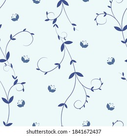 Seamless pattern of blue twigs and buds on a gentle blue background.