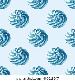 Seamless pattern with blue twisted meringue (zephyr, marshmallow) isolated on a light blue background. 