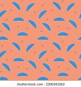 Seamless pattern with blue umbrellas on an orange background. vector illustration