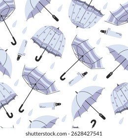 Seamless Pattern of Blue Umbrellas with Raindrops in Flat Style on White Background