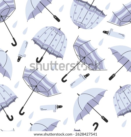 Seamless Pattern of Blue Umbrellas with Raindrops in Flat Style on White Background