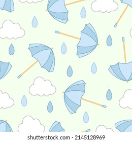 Seamless pattern of blue umbrellas, white clouds and drops, different shades of blue on a green background.