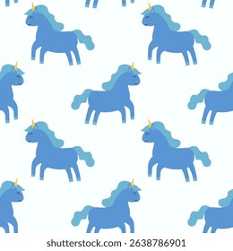 Seamless Pattern, Blue Unicorn. Children Vector Flat Illustration.