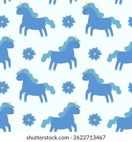 Padrão Perfeito. Unicórnio azul com flor. Ilustração plana do vetor infantil.