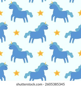 Seamless Pattern, Blue Unicorn with stars. Children Vector Flat Illustration.