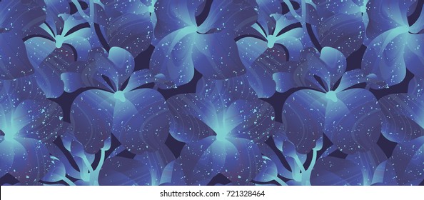 Seamless pattern, blue Vanda Coerulea orchid on balck background