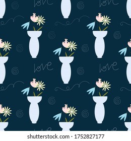Seamless pattern with blue vase and flowers on a dark background with doodles ornament.