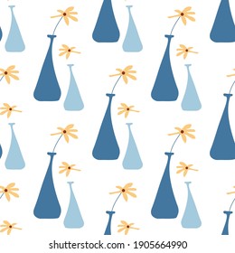 seamless pattern blue vases with yellow flowers vector 