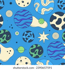 Seamless pattern. Blue vector illustration with abstract planets, stars. Groovy galactic. Cartoon space. Playful, surreal style. Psychedelic mood. Design for fabric, wrapping paper, notebook covers