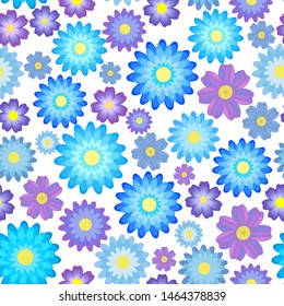 Seamless pattern, blue and violet flowers on white background