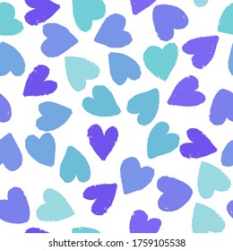 Nahtloses Muster mit blauen, violetten und lavenderfarbenen Herzen auf weißem Hintergrund. Vektordesign für Textilien, Hintergründe, Kleidung, Wickelpapier und Tapete. Modegrafik nahtloses Muster.