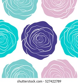 Seamless pattern with blue, violet and neutral roses. Vintage pattern with indian batik style rose flowers. Floral vector background.