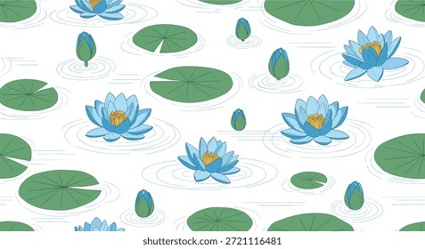 Padrão contínuo de lírios de água azuis e almofadas de lírio verde flutuando em um fundo branco com linhas onduladas de água sutis para uma cena de lagoa serena.