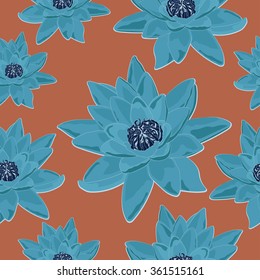 Seamless pattern of blue water lily flower. Retro, vintage. Lotus. Vector illustration