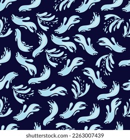 Nahtloses Muster mit blauen Wasserspritzen auf dunklem Hintergrund. Vektorgrafik. Für Verpackungen, Textilien, Umschlag, Hintergrund.