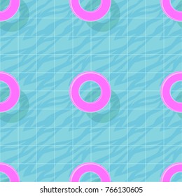 Seamless pattern with blue water in swimming pool and pink swim rings. Vector colorful summer wallpaper