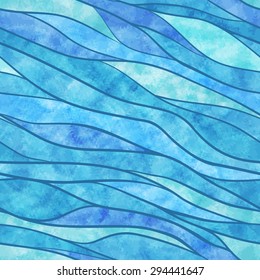 Seamless pattern of blue watercolor background with wavy lines