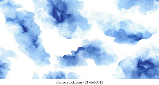 Seamless pattern with blue watercolor brush strokes, smudges, abstract forms. Simple hand painted floral endless wallpaper, fabric print.