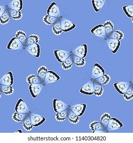 Seamless pattern with blue watercolor butterflies on blue background.