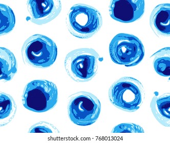 Seamless pattern with blue watercolor circles. Background with drawn ink stains. Decorative vector texture