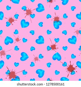 Seamless pattern of blue watercolor hearts of different size and burgundy spots, on a lavender background. Great for decorating fabrics, textiles, gift wrapping design, any printed materials.
