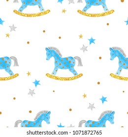 Seamless pattern with blue watercolor rocking horse. Baby shower print.