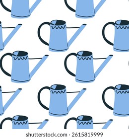 Seamless pattern with blue watering can. Spring texture with garden tools. Vector.