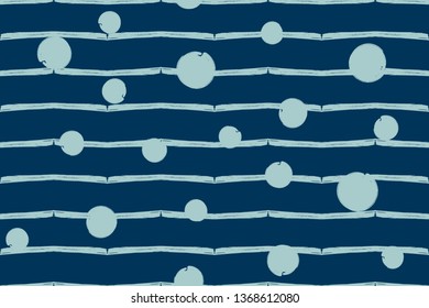 Seamless pattern with blue waves and dots, grungy background.