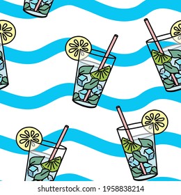 Seamless pattern with blue waves and glass of beverage, straw, lemon, lime, mint leaves, ice cubes. Hand drawn illustration converted to vector.