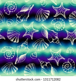 Seamless pattern. Blue waves pattern and hand draw in marine style. Vector illustration.