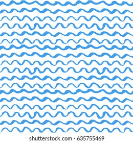 Seamless pattern with blue waves/ Hand drawn ink wavy lines with different density and incline/ Abstract background/ Vector design elements