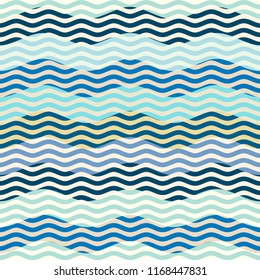 Seamless pattern. Blue waves pattern in patchwork style. Vector illustration.