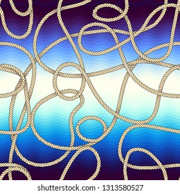 Seamless pattern. Blue waves pattern and rope in marine style.. Vector illustration.