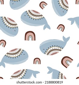 seamless pattern with blue whale in boho style on a white background. Design used for textile, clothing pattern, print, wallpaper. vector illustration.